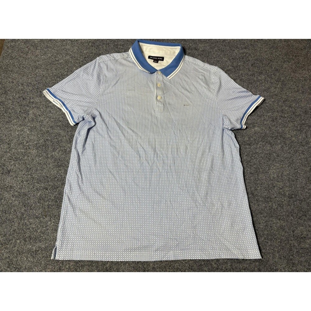 Michael Kors Polo Shirt Mens L Blue Geometric 100% Cotton Knit Logo Casual